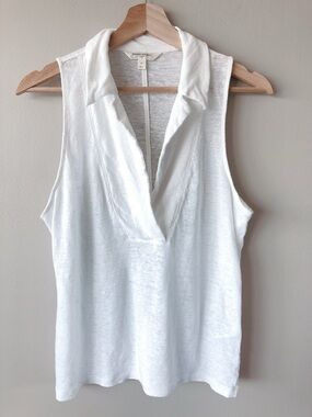 Banana Republic 100% linen White Sleeveless V-Neck Slub Tank with Collar medium